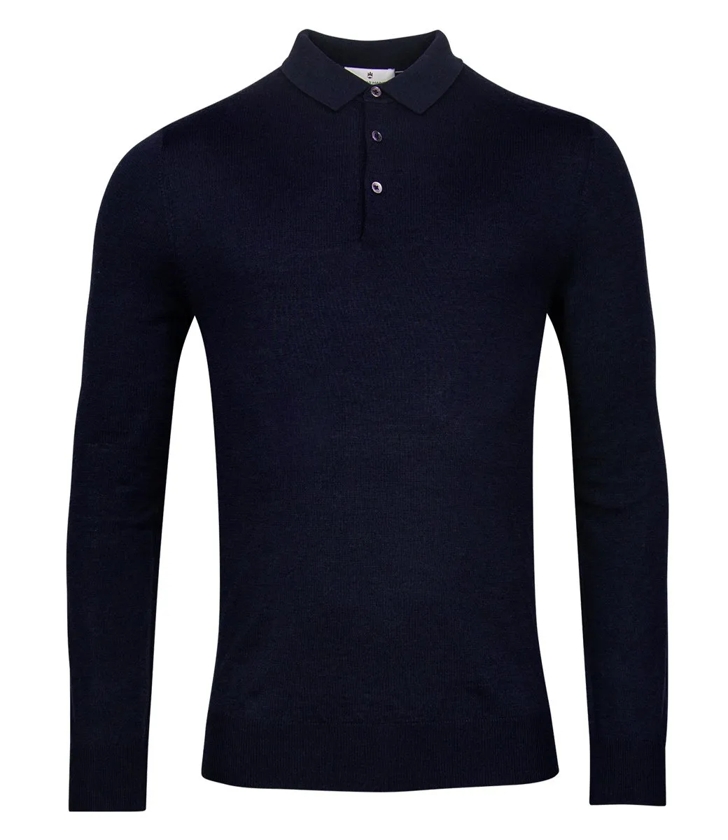 Thomas Maine heren polo lange mouw donkerblauw merino wol