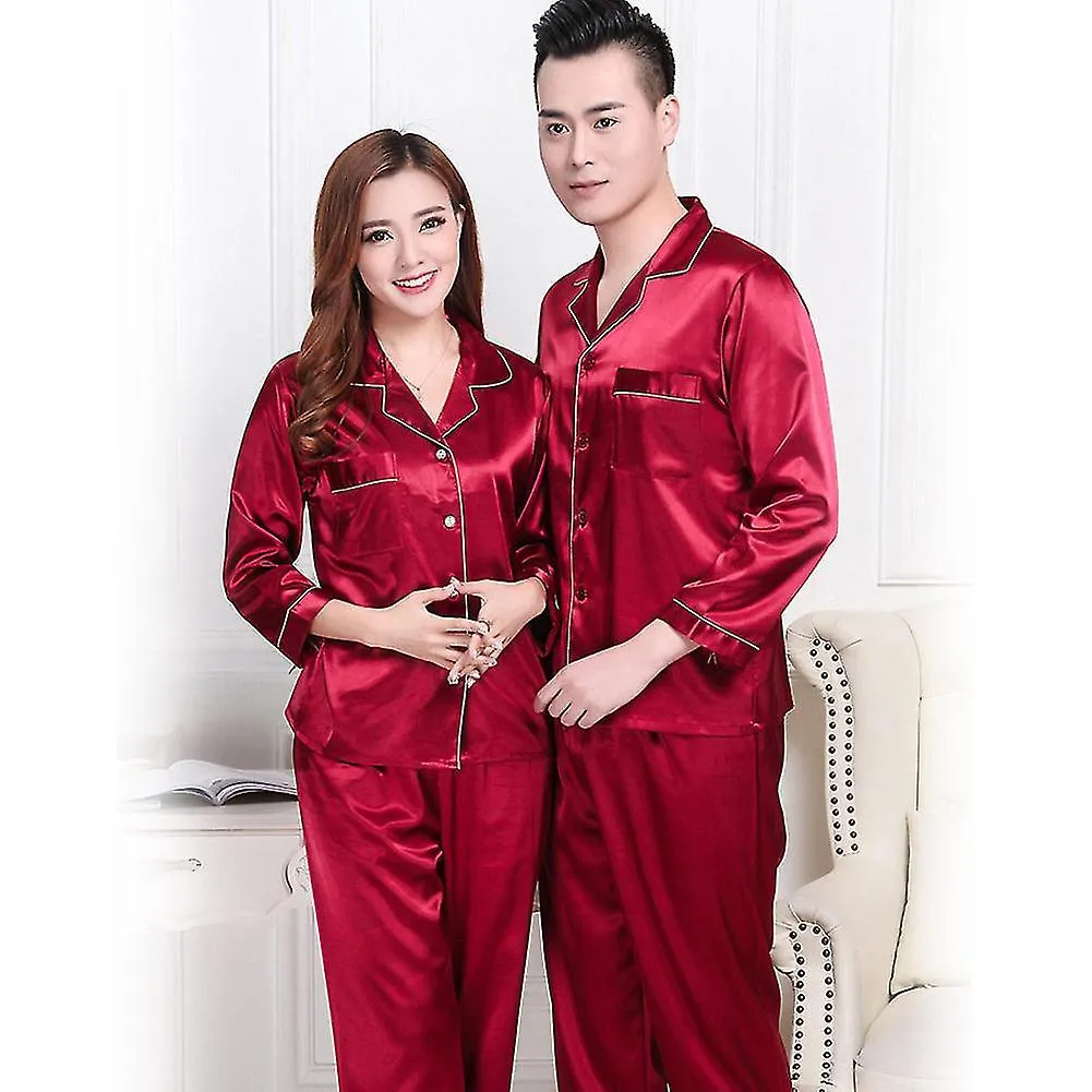 Vrouwen / mannen Nachtkleding Satijnen Pyjama Set Lange Mouw Tops + lange Broek 2pcs Homewear Suit